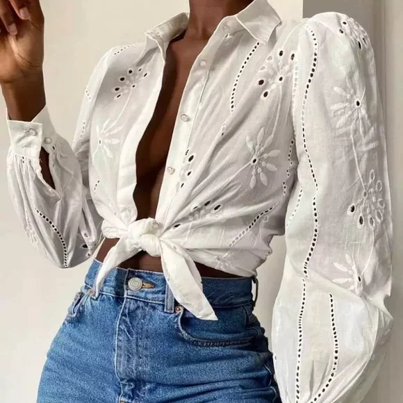 SOLD OUT White Boho Floral Eyelet Button Up Blouse - Picture 2 of 15